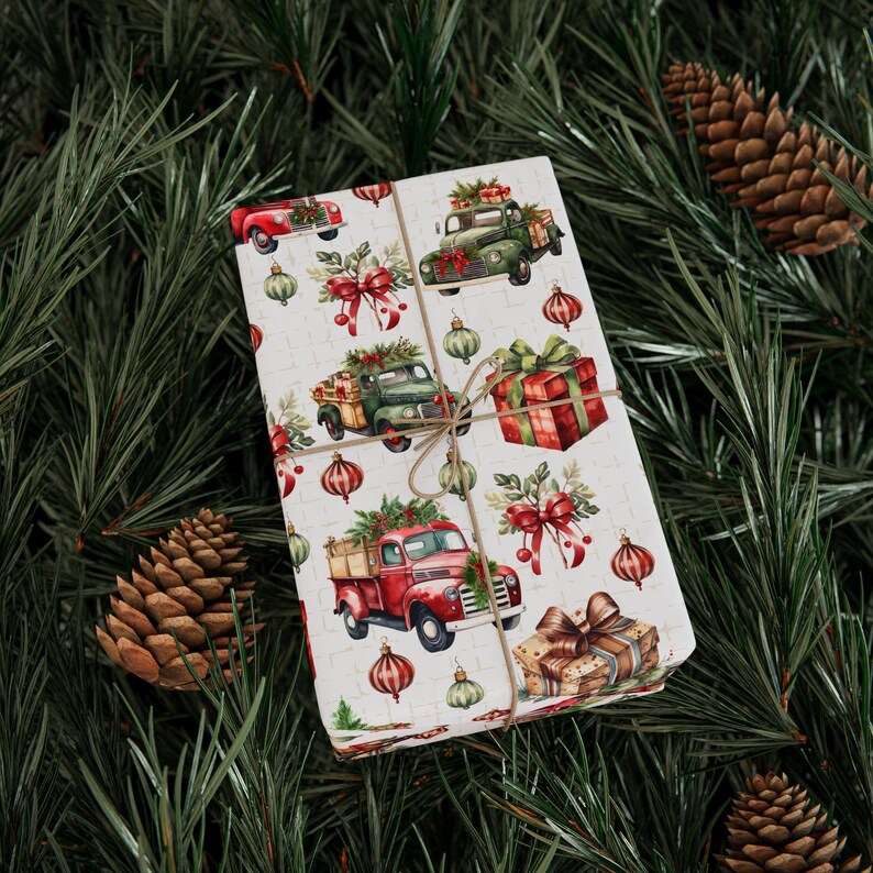 Vintage Christmas Truck Wrapping Paper, Farm Truck Gift Wrap, Rustic Holiday Paper image 2