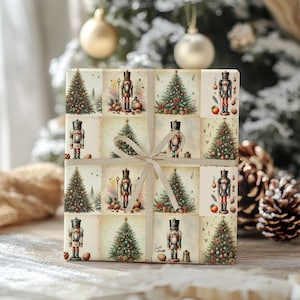 Carta da regalo natalizia vintage, Schiaccianoci e alberi di Natale, Carta da regalo per le feste, Carta natalizia festiva, Carta da regalo in stile retrò
