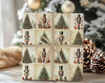 Vintage Christmas Wrapping Paper, Nutcracker and Tree Design
