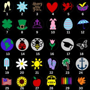 May include: Thirty glow-in-the-dark round stickers with various designs, including a snowflake, a heart, a shamrock, a bee, a graduation cap, a butterfly, a popsicle, a daisy, a sun, flip flops, a palm tree, an anchor, an American flag, a sunflower, an apple, a school bus, crayons, and a leaf.