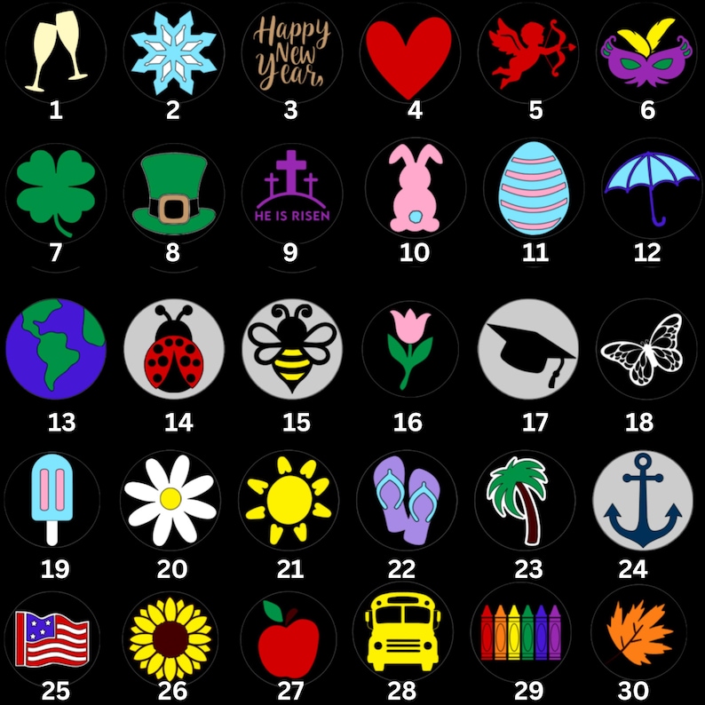 May include: Thirty glow-in-the-dark round stickers with various designs, including a snowflake, a heart, a shamrock, a bee, a graduation cap, a butterfly, a popsicle, a daisy, a sun, flip flops, a palm tree, an anchor, an American flag, a sunflower, an apple, a school bus, crayons, and a leaf.