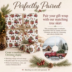 May include: Wrapping paper featuring a repeating pattern of red trucks carrying Christmas trees and gift boxes, tied with a burlap ribbon. A circular tree skirt displays a red truck in a snowy landscape with a barn and the text Van Damme.
