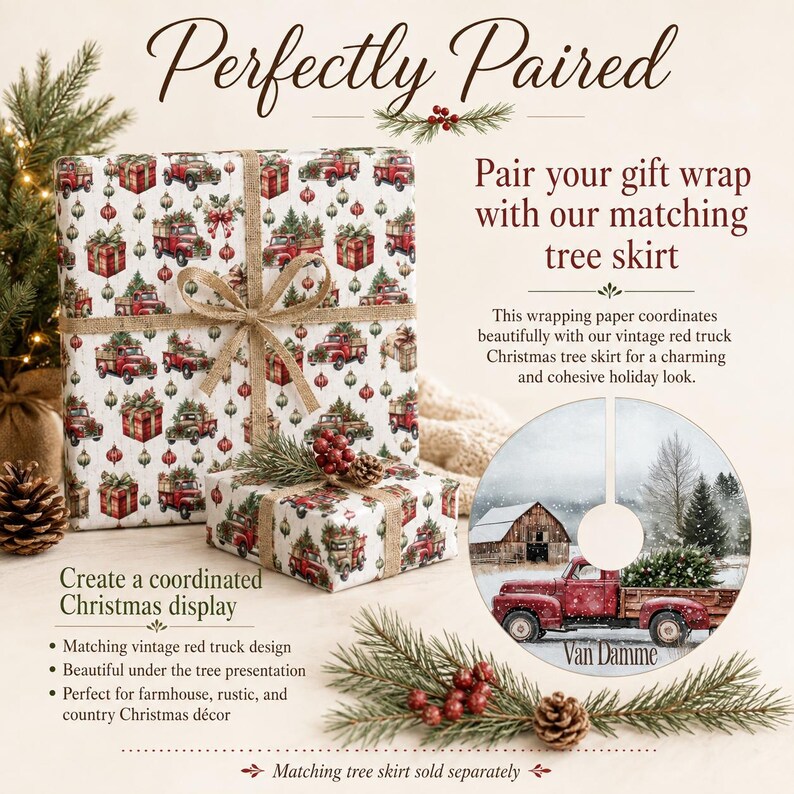 May include: Wrapping paper featuring a repeating pattern of red trucks carrying Christmas trees and gift boxes, tied with a burlap ribbon. A circular tree skirt displays a red truck in a snowy landscape with a barn and the text Van Damme.