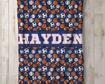 Personalized Kids Sports Blanket, Custom Name, Boys Throw Blanket, Soccer, Basketball, Baseball, Sport Lover Gift, Double-sided Print