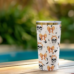 Halloween Stainless Steel Tumbler with Skulls and Orange Bows - Spooky Gothic Season Drinkware