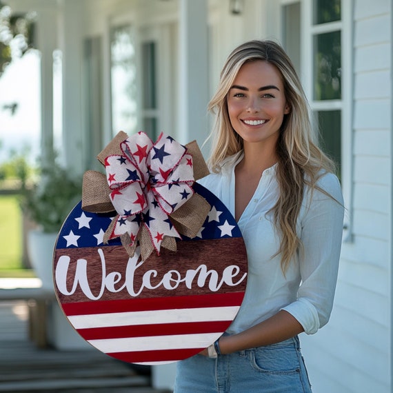 Patriotic Welcome Sign, Rustic American Flag Door Hanger, Handmade USA Decor, Fourth of July Front Door Decor, Memorial Day Wreath