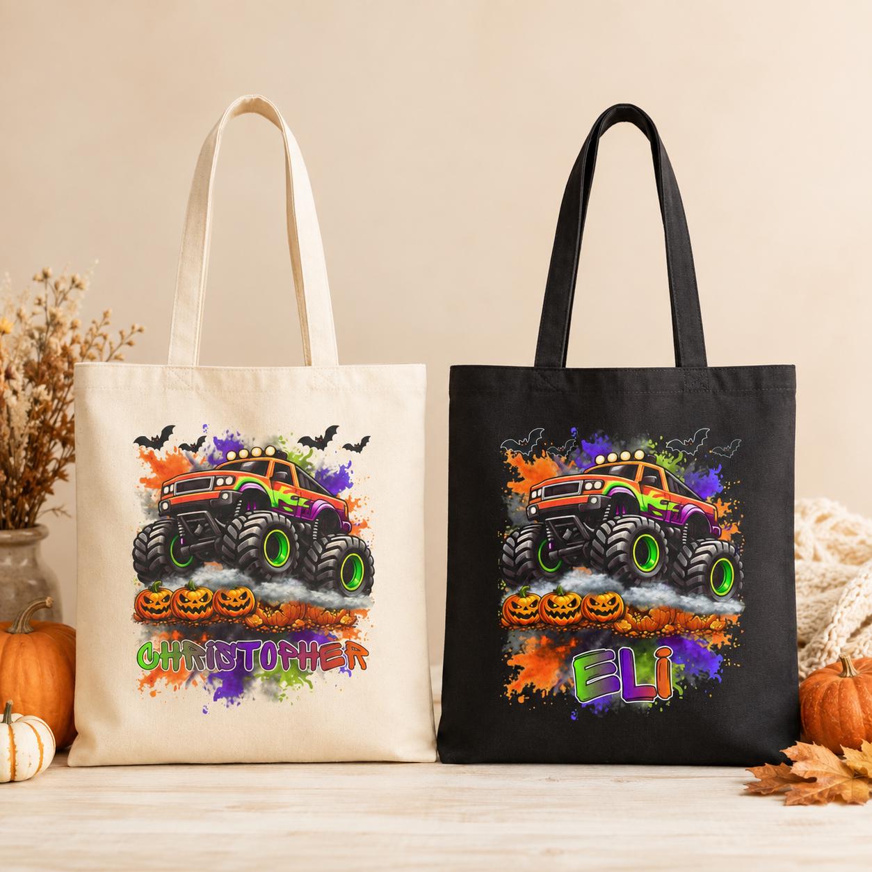 Personalized Monster Truck Trick or Treat Bag, Halloween Candy Tote for Kids