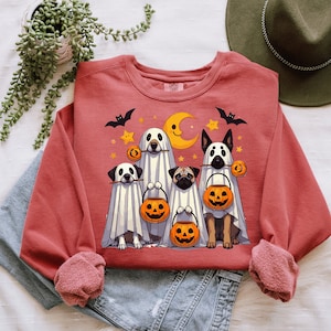 Cute Ghost Puppies Sweatshirt, Halloween Vibes, Spooky Season, Dog Lover, Crewneck Sweater, Ghost Halloween Long Sleeve Sweater