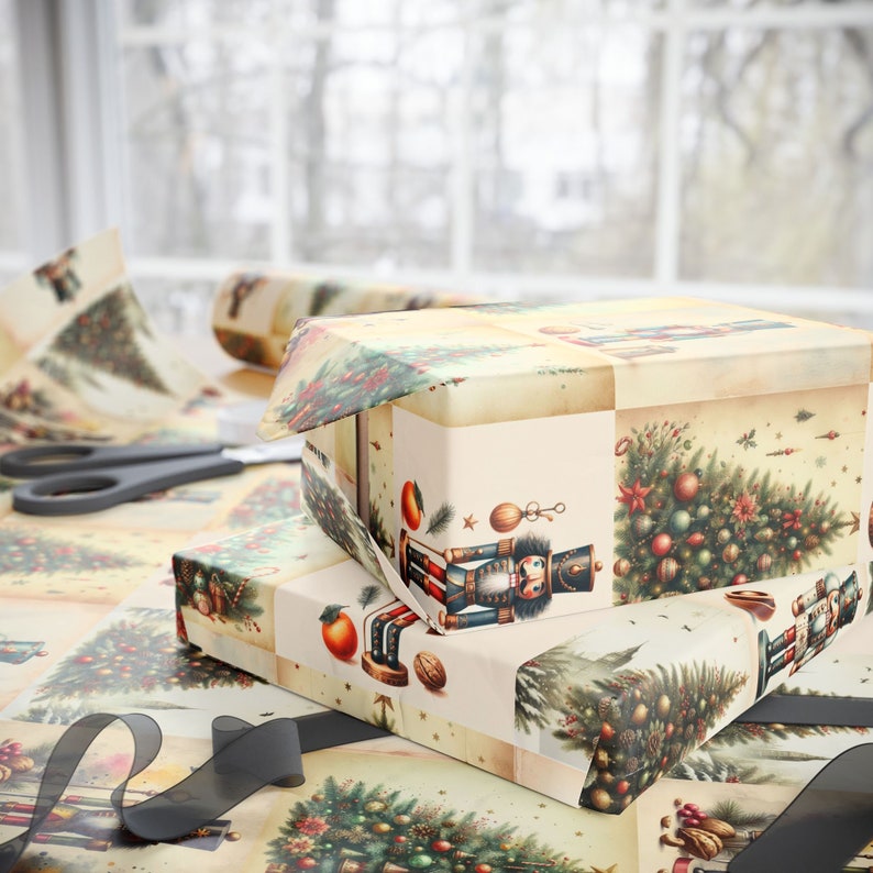 Papel de embrulho Quebra-Nozes, Papel de embrulho para presente com árvore de Natal em estilo vintage, Papel de presente natalino retrô imagem 10