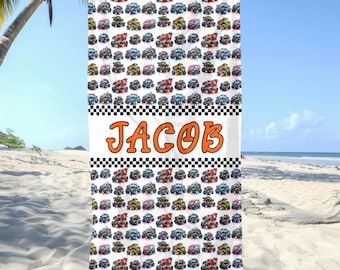 Personalized Monster Truck Beach Towel for Kids, Custom Name Towel, Pool Towel, Beach Gift, Vacation Essential, Kids Beach Gear