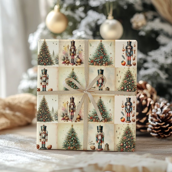 Nutcracker Wrapping Paper, Vintage Style Christmas Tree Gift Wrap, Retro Holiday Paper