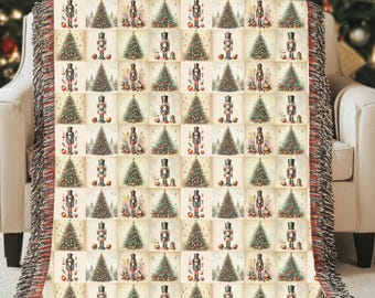 Nutcracker Christmas Tree Woven Blanket, Vintage Holiday Throw
