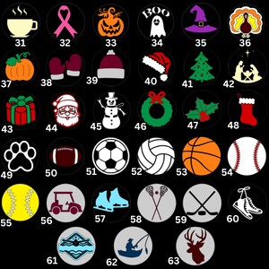 May include: A set of 63 round, black and white stickers with various designs. The designs include a coffee cup, a pink ribbon, a jack-o-lantern, a ghost, a witch's hat, a turkey, a pumpkin, mittens, a Santa hat, a Christmas tree, a nativity scene, a gift box, Santa Claus, a snowman, a wreath, holly, a stocking, a paw print, a football, a soccer ball, a volleyball, a basketball, a baseball, a softball, a golf cart, ice skates, lacrosse sticks, hockey sticks, sneakers, a pool, a fishing rod, and a deer.