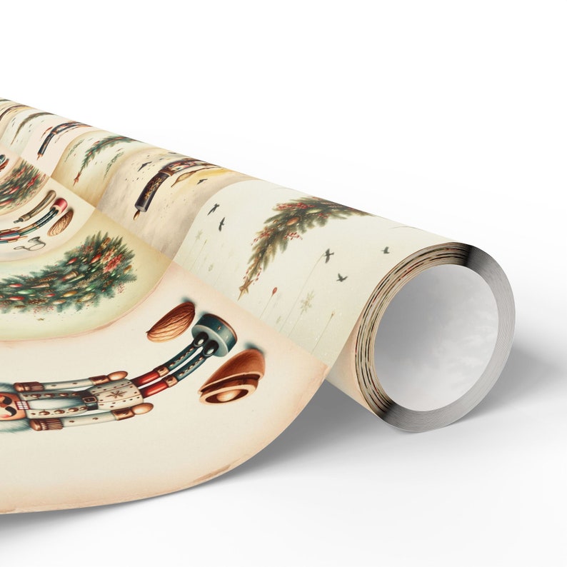 Papel de embrulho Quebra-Nozes, Papel de embrulho para presente com árvore de Natal em estilo vintage, Papel de presente natalino retrô imagem 3