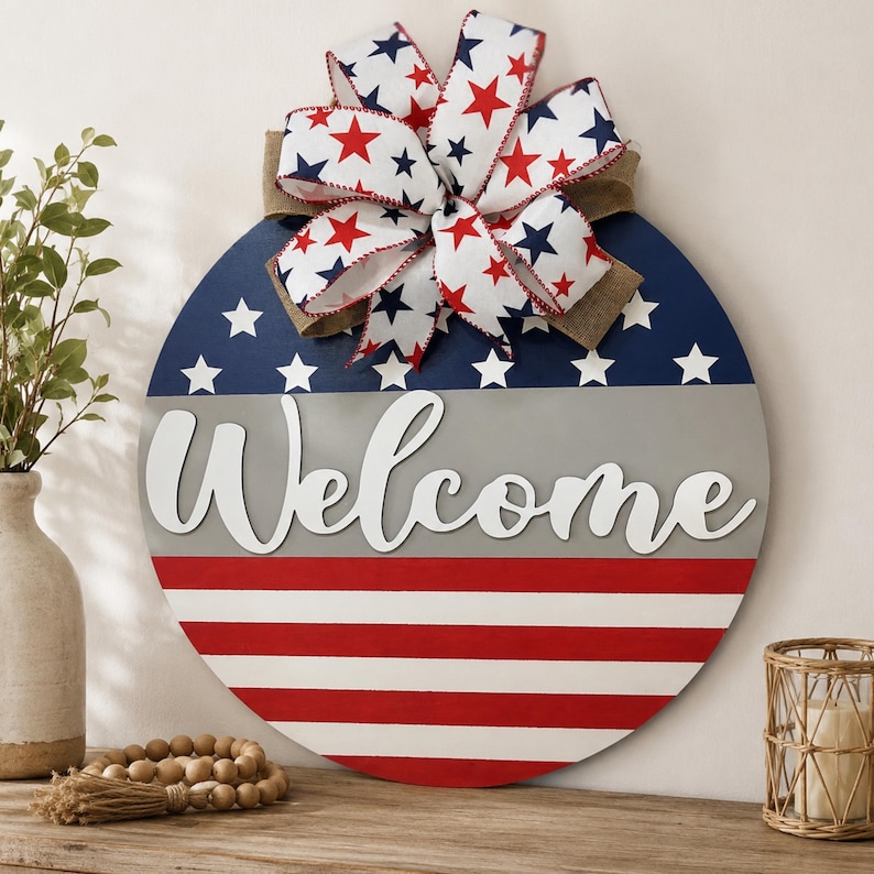 Patriotic Welcome Sign, Rustic American Flag Door Hanger, Handmade USA Decor, Fourth of July Front Door Decor, Memorial Day Wreath Gray