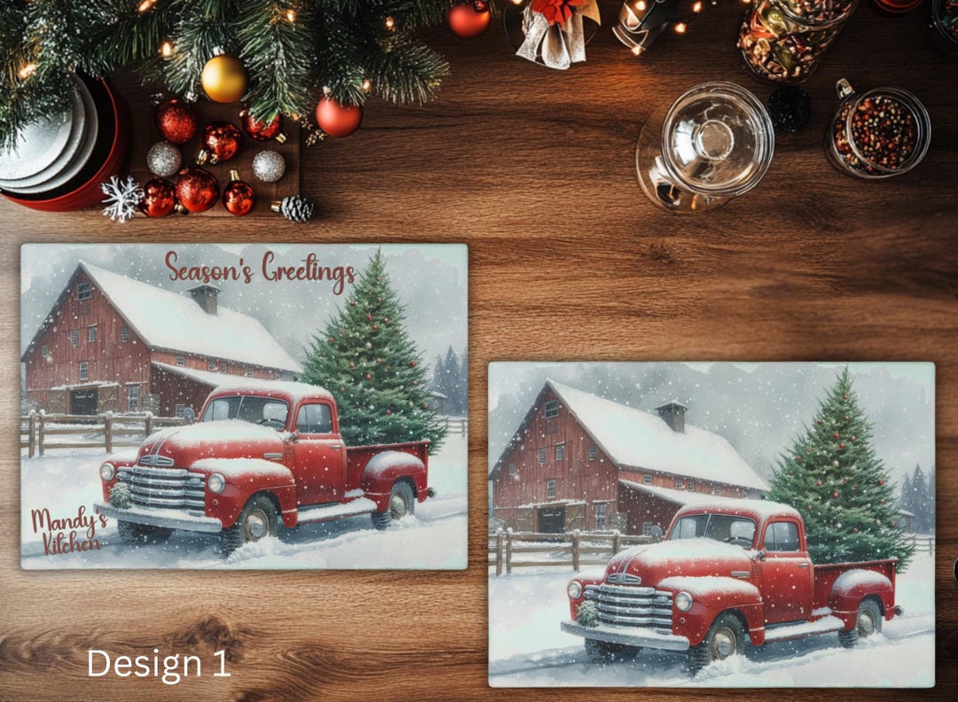 Vintage Red Truck Glass Cutting Board, Vintage Christmas Farmhouse ...