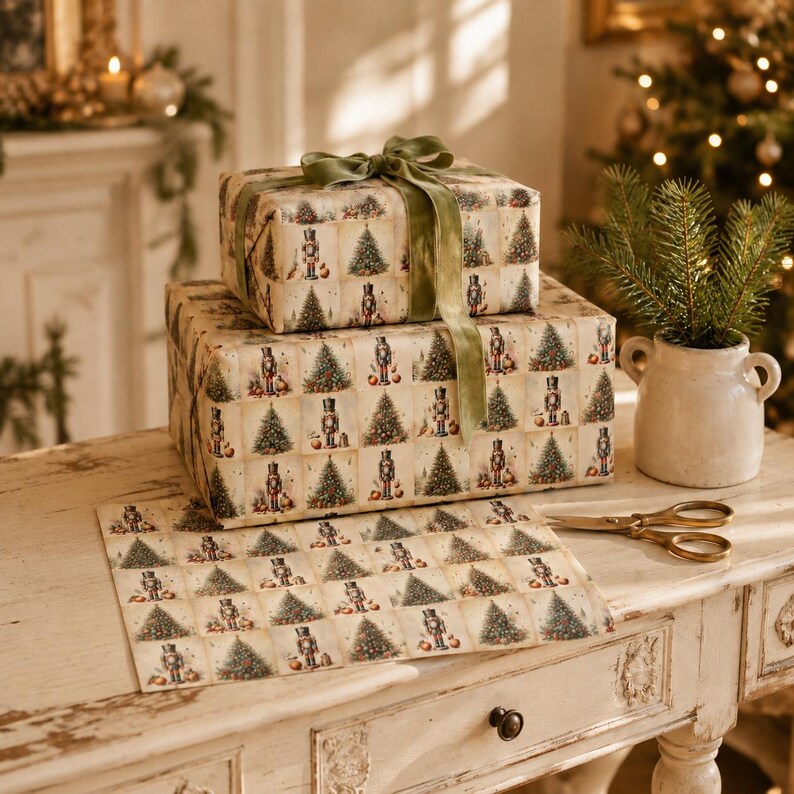 Pode incluir: Duas caixas de presente retangulares embrulhadas em papel creme com um padr&atilde;o de grade repetido de &aacute;rvores de Natal verdes e quebra-nozes. A caixa superior est&aacute; amarrada com uma fita de veludo verde-oliva. Papel a condizer e tesoura dourada.