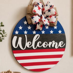 Patriotic Welcome Sign, Rustic American Flag Door Hanger, Handmade USA Decor, Fourth of July Front Door Decor, Memorial Day Wreath Black