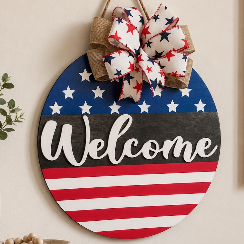 Patriotic Welcome Sign, Rustic American Flag Door Hanger, Handmade USA Decor, Fourth of July Front Door Decor, Memorial Day Wreath Black