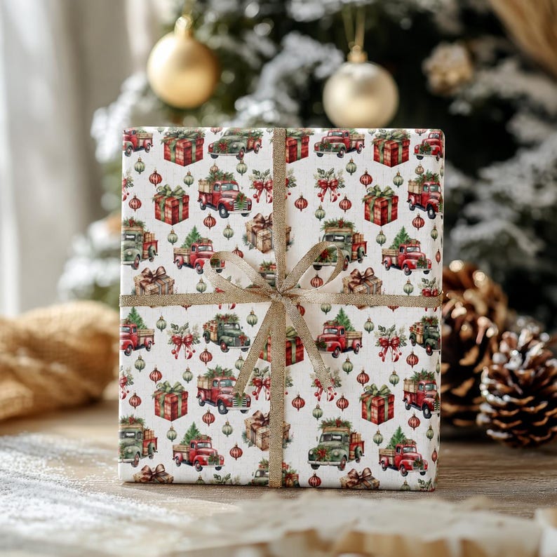May include: A square gift box wrapped in white paper featuring a repeating pattern of red and green vintage trucks carrying Christmas trees, wrapped gift boxes, and hanging ornaments, tied with a thin, shimmering gold ribbon centered.