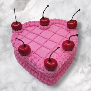 Retro Cherry Heart Cake Decor,  6” Faux Cake with Piped Frosting and Cherries, Fake Bake Shelf Display, Kawaii Gift Idea