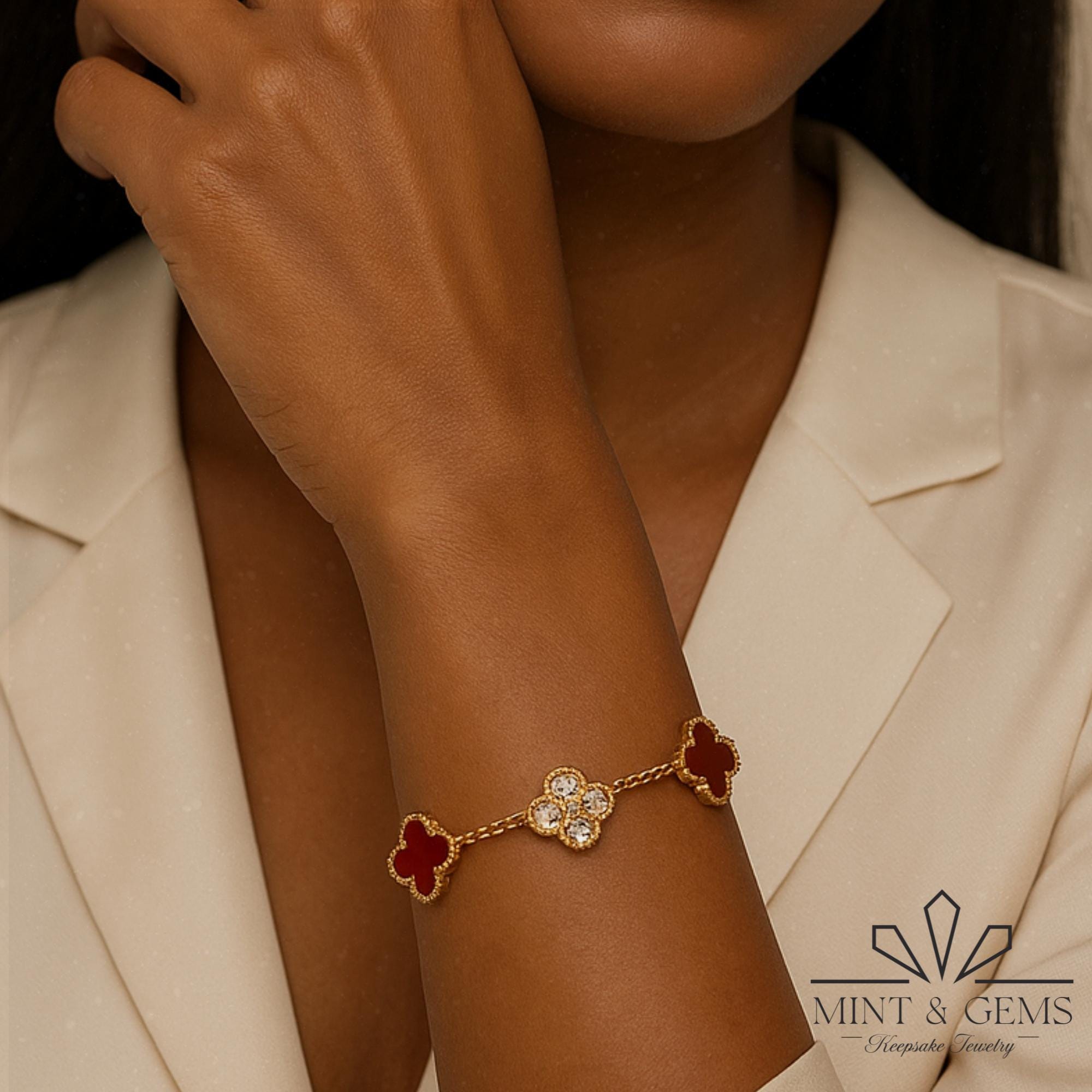 18K Red Clover Bracelet Gold Plated Diamond Chalcedony Four Leaf Agate Jewelry Alhambra Bangle Dainty Silver Double Side Vintage Clover Gift