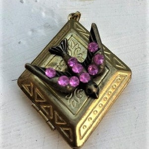Brass Locket Pendant Embellished with Swarovski Bird Opens to add Picture