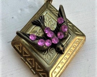 Brass Locket Pendant Embellished with Swarovski Bird Opens to add Picture