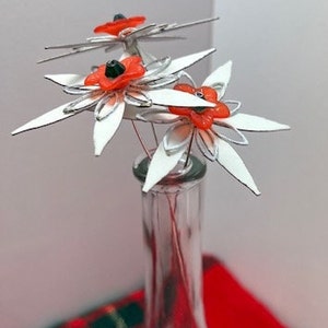 Large Christmas Red White Green Metal Vintage Flower Stems- Handmaid Vase Flowers-3 Stems