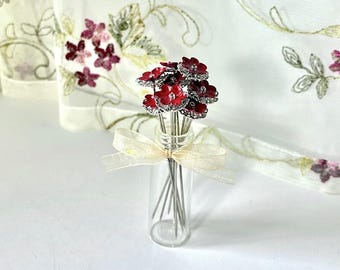 Tiny Silver & Red Flowers Set of 8 Silver Filigree and Poppy Red Miniature Handmade Flowers - 8