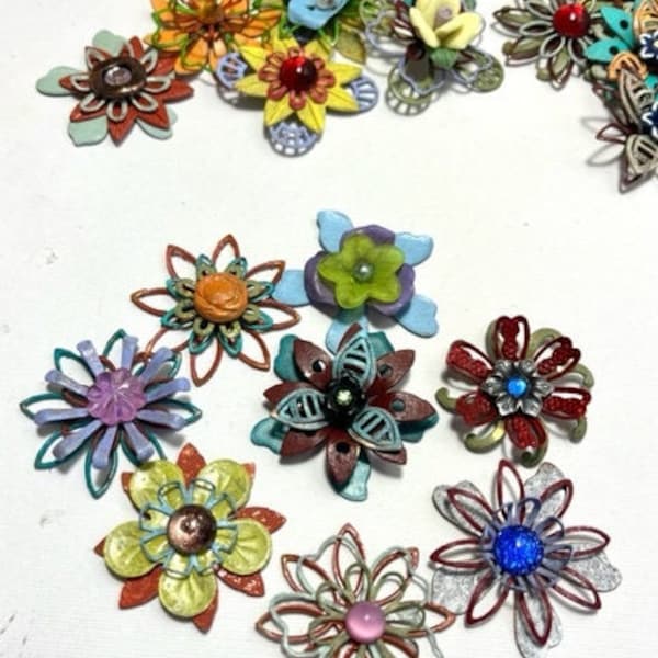 Flowers Metal Assorted BRIGHT & DEEP TONES-Handmade Various Textures and Shapes - Lot of 5!!