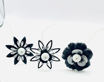 Black & White Flowers Artificial Handmade Metal Vase Flowers - Set of 3