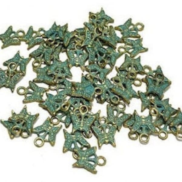 Butterfly Charms Blue Patina Tiny Brass Oxidized-Lightweight- 16