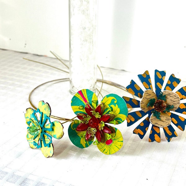 Paper & Metal Handmade Flowers-Unique Designs-Colors-Indoor Use Floral Stems -Set of 3