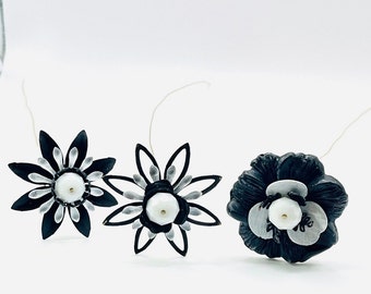 Zwart-witte metalen bloemen: handgemaakte metalen kunstvaasbloemen - set van 3