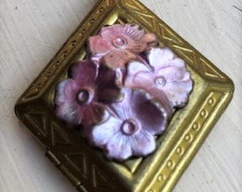 Brass Locket Pendant Pink Enamel Floral Center Opens to add Picture