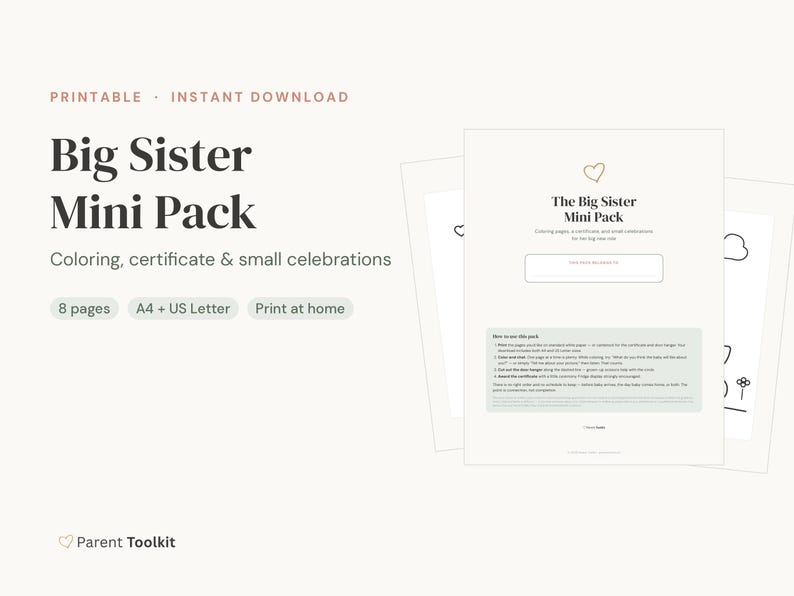 Big Sister Gift Printable | New Baby Coloring Pages + Certificate | Toddler Sibling Pack Instant Download image 2
