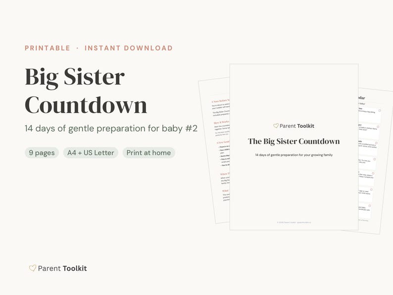 Big Sister Countdown Calendar Printable | New Baby Sibling Prep Kit | Toddler Gift Instant Download image 2