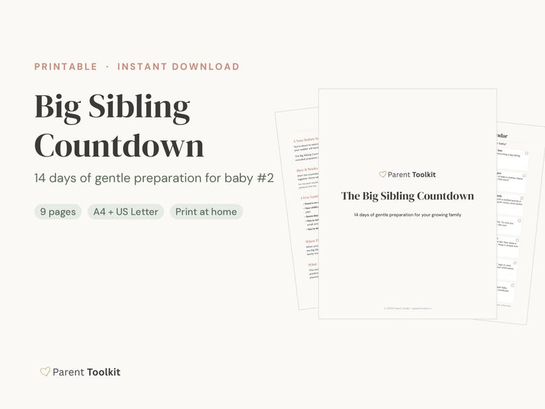 Big Sibling Countdown Calendar Printable | New Baby Sibling Prep Kit | Toddler Gift Instant Download image 2