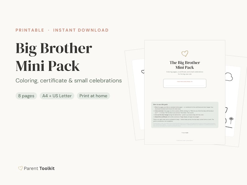 Big Brother Gift Printable | New Baby Coloring Pages + Certificate | Toddler Sibling Pack Instant Download image 2