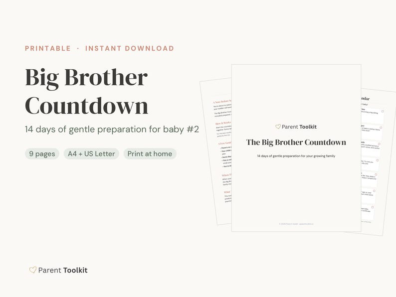 Big Brother Countdown Calendar Printable | New Baby Sibling Prep Kit | Toddler Gift Instant Download image 2