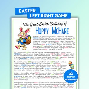May include: Easter-themed printable game titled "Easter Left Right Game." The image features a cartoon bunny carrying a basket of eggs, with text describing the game's instructions. Includes an "Instant Download" button.