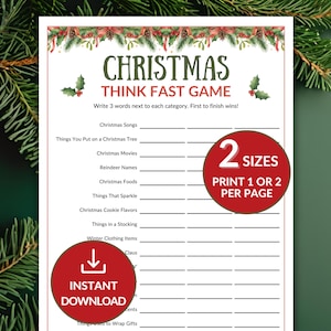 Può includere: Un foglio di gioco natalizio stampabile con il testo "CHRISTMAS THINK FAST GAME". Il gioco include categorie come canzoni e film natalizi. Il foglio ha anche un cerchio rosso che dice "INSTANT DOWNLOAD".