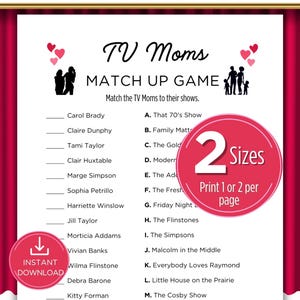 Gioco a quiz per la festa della mamma "TV Moms Match Up", quiz stampabili per la festa della mamma, quiz per la festa della mamma, gioco a quiz televisivo, gioco per la riunione di famiglia