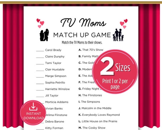 TV Moms Match Up Mother's Day Trivia Game, Printable Mothers Day Trivia, Mother's Day Quiz, TV Trivia Game, Family Reunion Game