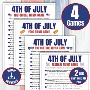 4th of July Trivia Game Bundle, Printable Independence Day Games, Fourth of July Quiz, Patriotic Pop Culture History Food & Festival Games