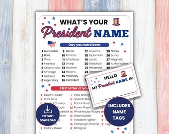 President Name Game with Name Tags and Sign, 4th of July Party Game, Patriotic Icebreaker Activity, Independence Day Game for Kids & Adults