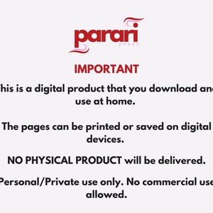 May include: An announcement for a digital product, featuring the Parari Press logo in red. The text explains the product is downloadable, for home use, and can be printed or saved on digital devices. It's for personal use only, with no physical delivery.