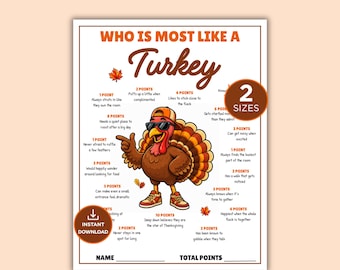 Who Is Most Like A Turkey Game, Thanksgiving Party Icebreaker, Friendsgiving Activity, Printable Personality Quiz
