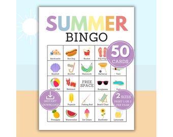 Sommer Bingo, 50 druckbare Sommer Bingokarten, Familienurlaub Spiel, Strandparty Aktivität, Sommercamp Spiel für Kinder Jugendliche